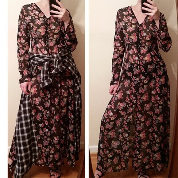 90's style boho-grunge floral maxi dress S semi sheer button front - Picture 1 of 3